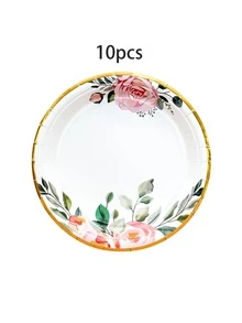 10件/30件/60件白色花卉纸盘纸杯套装，7英寸/9英寸圆形纸盘，3.5英寸纸杯，粉色玫瑰花金边餐具套装，适用于新娘送礼会、婚礼、生日派对，男女通用 - 多色 - 查看 8