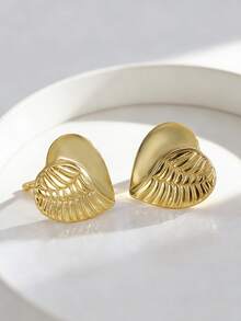 Charm-In Winged Heart Textured 18K Gold Plated Stud Earrings | Dainty Romantic Fashion Earrings For Women | Perfect For Everyday & Gifting Wear - Gold - View 1