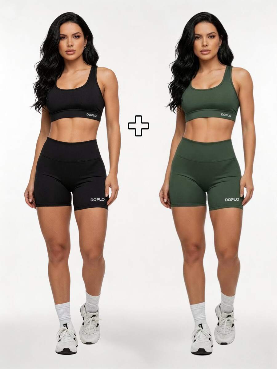 Kit Of 2: Top And Shorts Set, High-Waisted Shaping Gym Fashion For Women - 黑色/軍綠色 - 查看 1