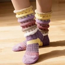 Women's Winter Mid-Calf Socks - Colorful Striped & Pattern, Soft Acrylic Thermal Breathable Outdoor Sports & Casual Wear, Hand Wash Only, Fluffy Socks, Playful Sock Patterns - 紫色混合色 - 查看 3