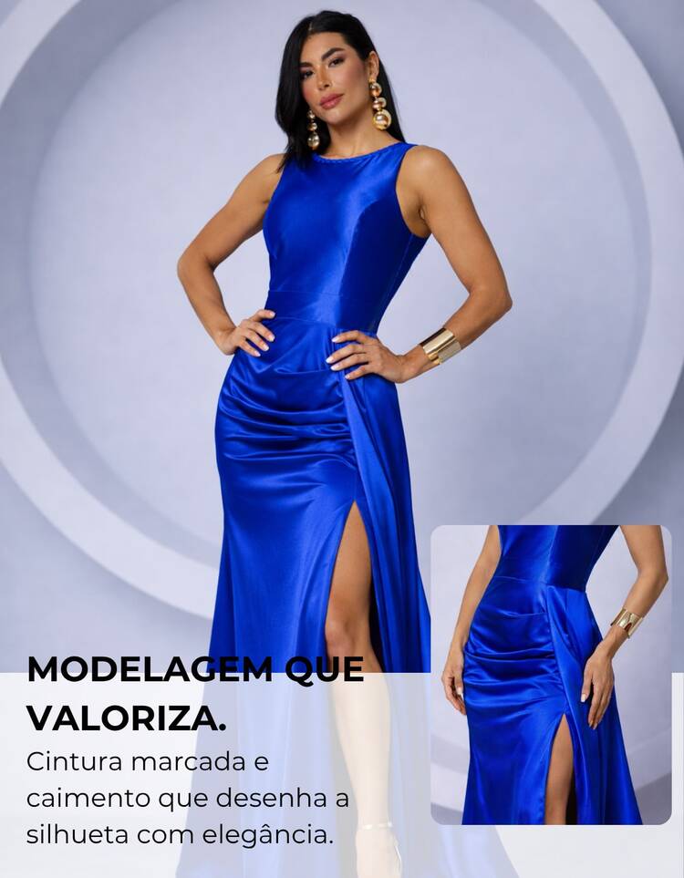 Women's Satin Formal Party Dress With Slit And Braided Gathered Detail, Suitable For Weddings, Bridesmaids, And Graduations. - Blue - View 4