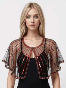 1件夏季重工串珠亮片蕾丝轻薄披肩，适合晚礼服 - 彩色 - 查看 9