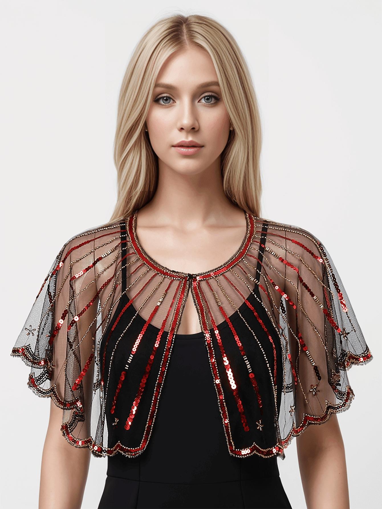 1件夏季重工串珠亮片蕾丝轻薄披肩，适合晚礼服 - 彩色 - 查看 9