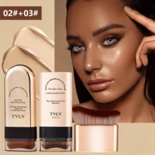 2-Piece Set Of Foundation Stick + Gold-Plated Brush - Waterproof, Sweat-Proof, Matte Effect, Foldable Double-Head Design, Equipped With Paste Brush Head, Suitable For Daily Commuting, Dating, Stage Performance, Photography And Travel - Cream Color Is Also An Excellent Choice For Easter Gifts - 9380+9374+Gilded Brush - View 4
