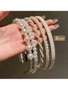 Set de 5 diademas con perlas falsas lindas, bandas para el cabello de mujer, aros para el cabello, accesorios para el cabello - Blanco - Ver 6