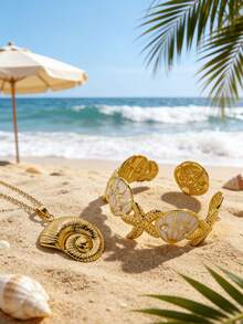 VceTd 一套海洋度假风格首饰套装，采用海洋元素设计，不锈钢材质，适合女性海滩度假、日常生活或通勤佩戴，也可作为节日礼物赠送给亲朋好友。 - 金黃色 - 查看 8