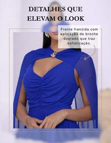 Women's Long Party Dress With Slit, Cape Sleeves, Gathered Bust And Brooch, Solid Color, Elegant, For New Year's Eve, Wedding, Bridesmaid, Graduation. - 藍色 - 查看 4
