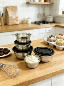Bộ 1/5 món, bát trộn salad có nắp, bát đựng trái cây, bộ bát trộn, phụ kiện nhà bếp, bát trộn salad bằng thép không gỉ với đế silicon và thảm chống trượt, thích hợp để bảo quản thực phẩm, chuẩn bị bữa ăn, làm salad, dụng cụ nhà bếp. - màu đen - Xem 6