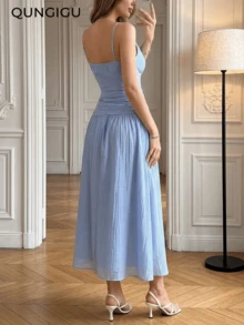 QUNGIGU Women's Elegant Summer V Neck Long Dress Sleeveless Ruched Waist Cutout Flowy A-Line Textured Sundress For Beach Vacation Party - Blue - View 4