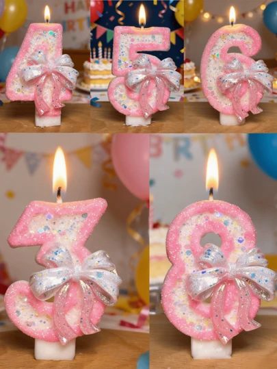 1支粉色蝴蝶结数字生日蜡烛，女孩热门数字蜡烛，适用于各种主题派对、蛋糕和甜点烘焙装饰，手工蜡烛，生日和周岁庆祝，送给孩子和成人的绝佳礼物
