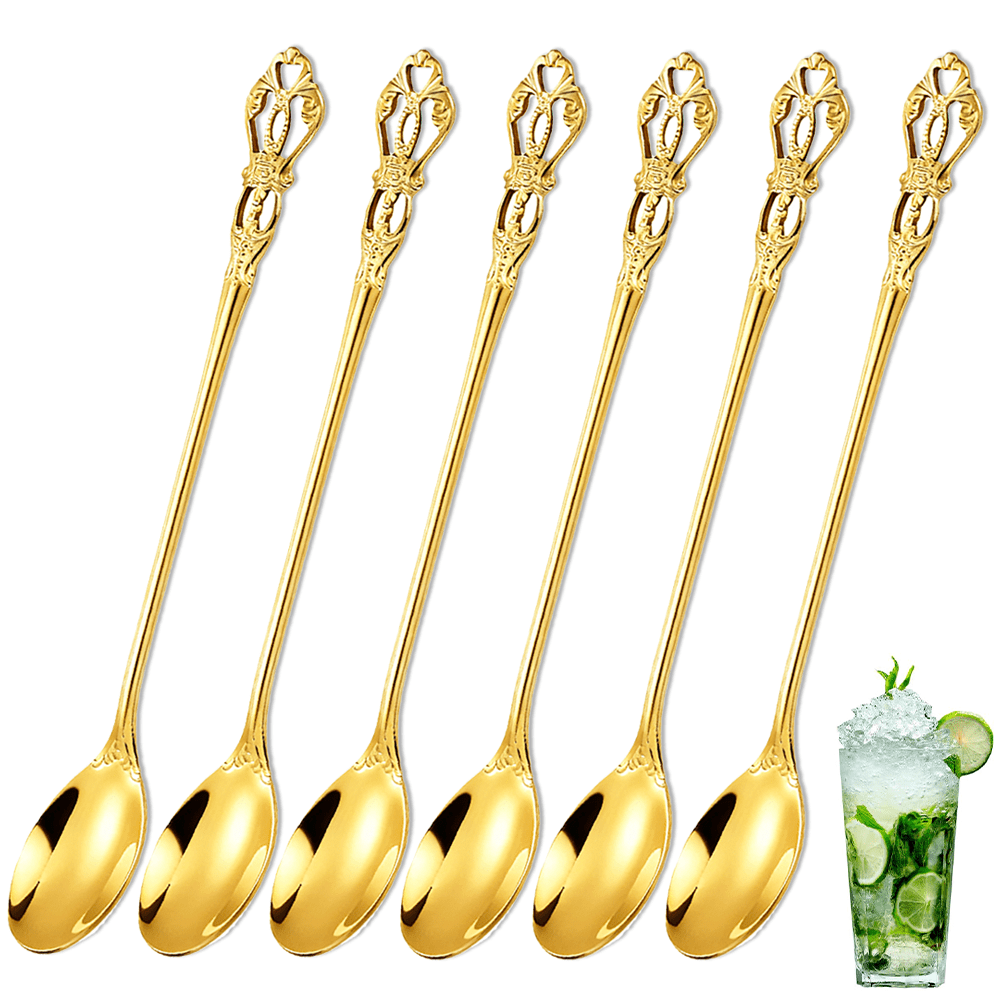 6 pezzi Cucchiaini da tè stile vintage, eleganti cucchiaini da cocktail in stile barocco con manico lungo, 17,5 cm (6,89 pollici) in acciaio inossidabile, raffinati cucchiaini lunghi adatti per caffè, frullati, smoothie, gelato e bevande, accessori ideali per caffetterie e bar