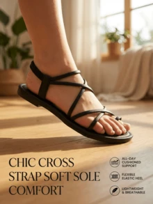 2026 Summer Women Girls Black Flat Sandals, Non-Slip Soft Sole Comfortable Breathable Open Toe Sandals, Faux Leather Criss-Cross Straps Toe Ring Design With Elastic Ankle Strap, Daily Street Party Campus Home Indoor Outdoor Beach Vacation Casual Shoes, Lightweight Portable Easy Wear, Boho Fashion Style, Must-Have Holiday Gift For Teen Girls - Black - View 9
