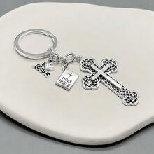 10个装十字架钥匙扣，圣经吊坠钥匙扣，宗教汽车钥匙圈，基督教祈祷礼物，情侣礼物 - 復古銀色 - 查看 1
