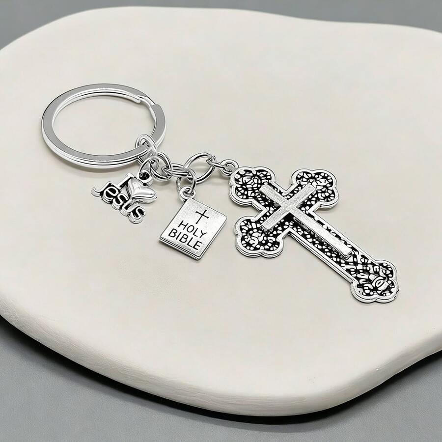 10个装十字架钥匙扣，圣经吊坠钥匙扣，宗教汽车钥匙圈，基督教祈祷礼物，情侣礼物 - 復古銀色 - 查看 1