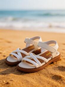 Kids Girls White Braided Crisscross Open Toe Sandals, Hook-And-Loop Ankle Strap Casual Shoes, Non-Slip Wear-Resistant Sole, Comfortable Padded Insole - White - View 8