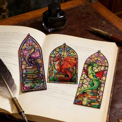 奇幻彩绘玻璃龙亚克力书签套装 - 哥特式窗户设计，带吊坠，送给书虫和奇幻爱好者的完美礼物
