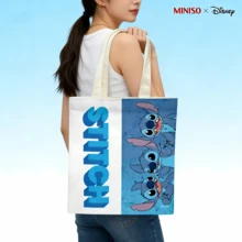 MINISO X Disney Stitch Multi-Expression Print Canvas Tote Bag, White & Blue Kawaii Reusable Shoulder Bag, Lilo & Stitch Themed Grocery Bag For Travel & Shopping - 1pc - 查看 1