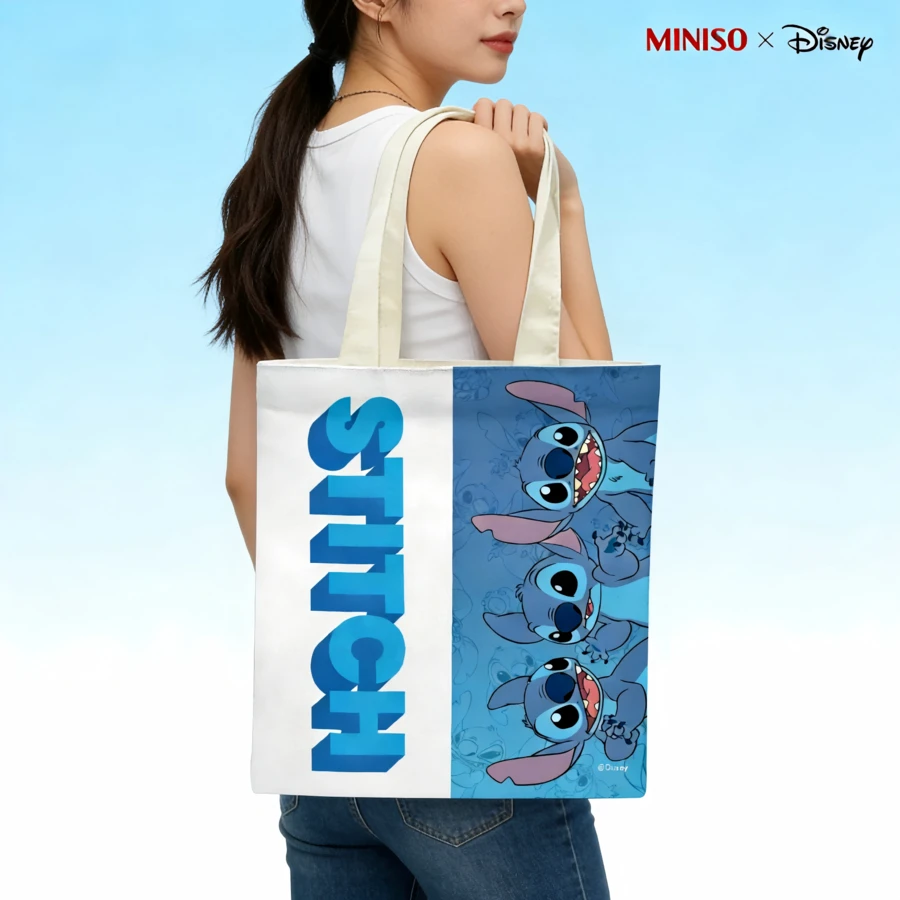 MINISO X Disney Stitch Multi-Expression Print Canvas Tote Bag, White & Blue Kawaii Reusable Shoulder Bag, Lilo & Stitch Themed Grocery Bag For Travel & Shopping - 1pc - 查看 1