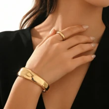 2pcs Fashionable Exaggerated Retro Geometric Wide Face Design Bracelet & Ring Jewelry Set, Suitable For Women's Daily Wear - Multicolor - View 8