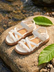 Kids Girls White Braided Crisscross Open Toe Sandals, Hook-And-Loop Ankle Strap Casual Shoes, Non-Slip Wear-Resistant Sole, Comfortable Padded Insole - White - View 3