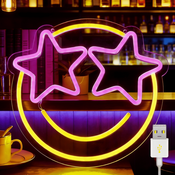 Biển hiệu đèn LED neon hình ngôi sao, biển hiệu đèn neon hình mặt cười thích hợp trang trí tường phòng ngủ và nhà cửa, biển hiệu đèn neon hình mắt ngôi sao.