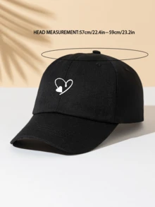 1顶白色棒球帽，饰有两个心形图案，男女通用户外遮阳帽，日常必备单品 - 黑色 - 查看 3