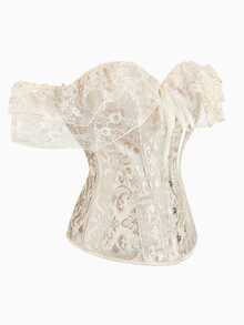 Áo corset ren jacquard hai lớp xếp nếp kiểu cung đình cổ điển, hở vai, thiết kế cài nút phía trước và buộc dây phía sau, thân áo corset thắt eo màu mơ, thích hợp cho tiệc trà Lolita, đám cưới, Halloween. - Màu be - Xem 5