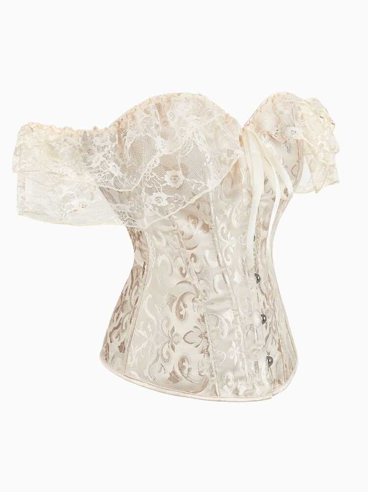 Áo corset ren jacquard hai lớp xếp nếp kiểu cung đình cổ điển, hở vai, thiết kế cài nút phía trước và buộc dây phía sau, thân áo corset thắt eo màu mơ, thích hợp cho tiệc trà Lolita, đám cưới, Halloween. - Màu be - Xem 4
