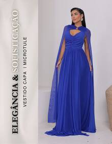 Women's Long Party Dress With Slit, Cape Sleeves, Gathered Bust And Brooch, Solid Color, Elegant, For New Year's Eve, Wedding, Bridesmaid, Graduation. - 藍色 - 查看 2