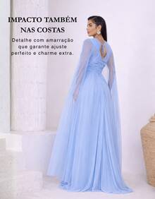 Women's Long Party Dress With Slit, Cape Sleeves, Gathered Bust And Brooch, Solid Color, Elegant, For New Year's Eve, Wedding, Bridesmaid, Graduation. - 寧靜藍 - 查看 6