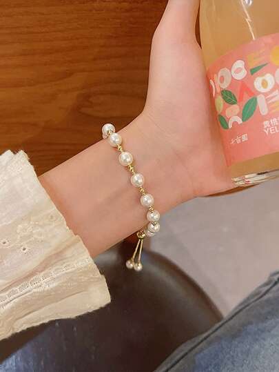 1条粉色/白色不对称仿珍珠手链，镶嵌圆形金属，新娘时尚手链，法式奢华，婚礼礼物，礼服配饰，适合教堂婚礼/正式晚宴/派对/伴娘装/周年纪念礼物