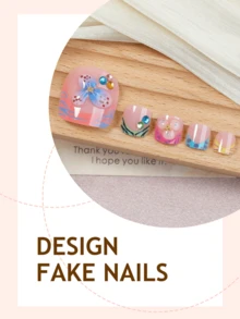 法式花卉亚克力脚趾甲 24 片装 短方形按压式脚趾甲，DIY 艺术彩色斑马纹 3D 假脚趾甲套装，饰以彩色水钻和金珠，适合女孩和女士 - 日常佩戴的美甲配件，也可用于节日派对装饰或作为礼物 - 彩色 - 查看 3