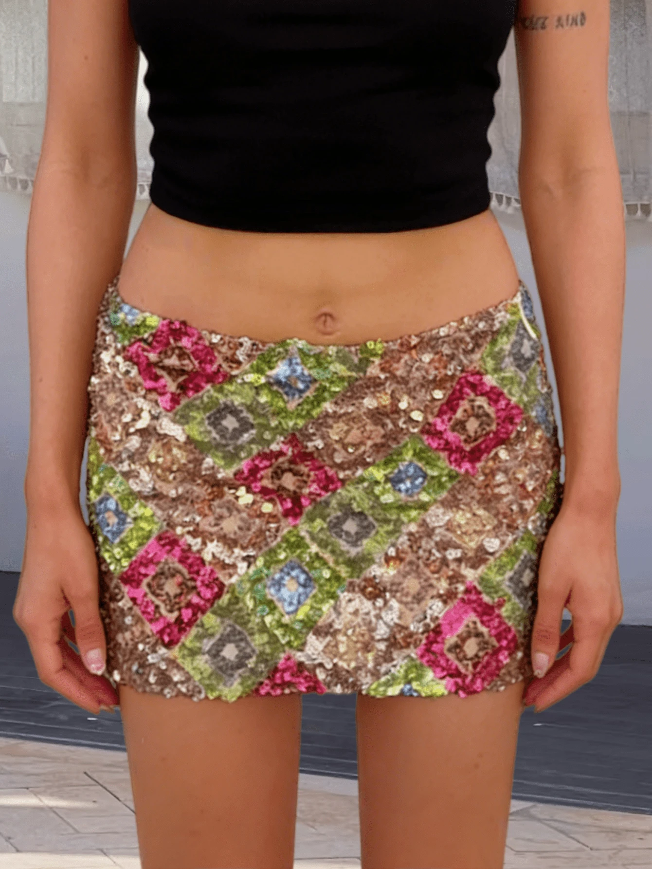 Women's Sexy Sequin Mini Skirt Y2k Color Block Sequin Embellished Sparkly Bodycon Short Skirt Glitter Pencil Skirt Night Club Rave Party Outfit Beach Vaction Streetwear - màu xanh lá - Xem 1