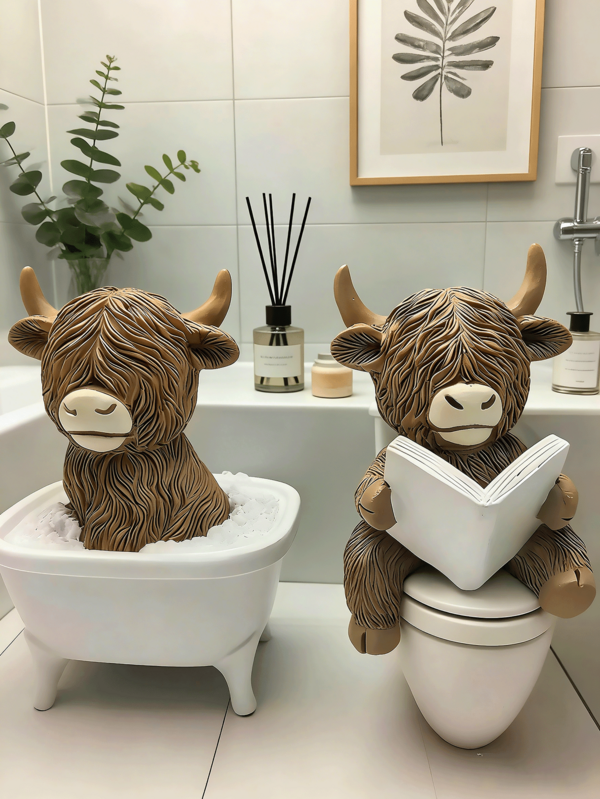 Fun Bathroom Decor - Highland Bull Reading Toilet Bucket Statue, Farmhouse Style Bathroom Decoration, Made Of Resin, Can Be Used As Home/Office Decoration Or Gift, No Electricity Required, Humorous Design, Textured Details, Perfect Choice For Christmas, Thanksgiving, Fun Mother's Day, Or Birthday Gifts.