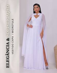 Women's Long Party Dress With Slit, Cape Sleeves, Gathered Bust And Brooch, Solid Color, Elegant, For New Year's Eve, Wedding, Bridesmaid, Graduation. - 白色 - 查看 2