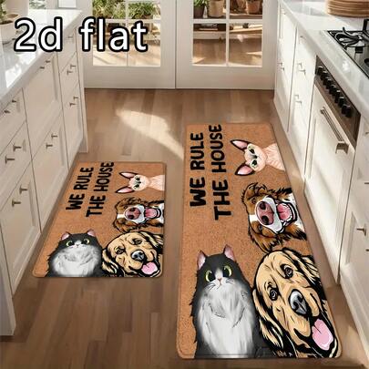 1pc/2pcs/3pcs Cartoon Pet & We Rule The Whole House Pattern Kitchen Floor Mat, Lightweight Durable Indoor/Outdoor Doormat For Entryway, Kitchen, Bathroom, Laundry Room, Decorative Washable Area Rug