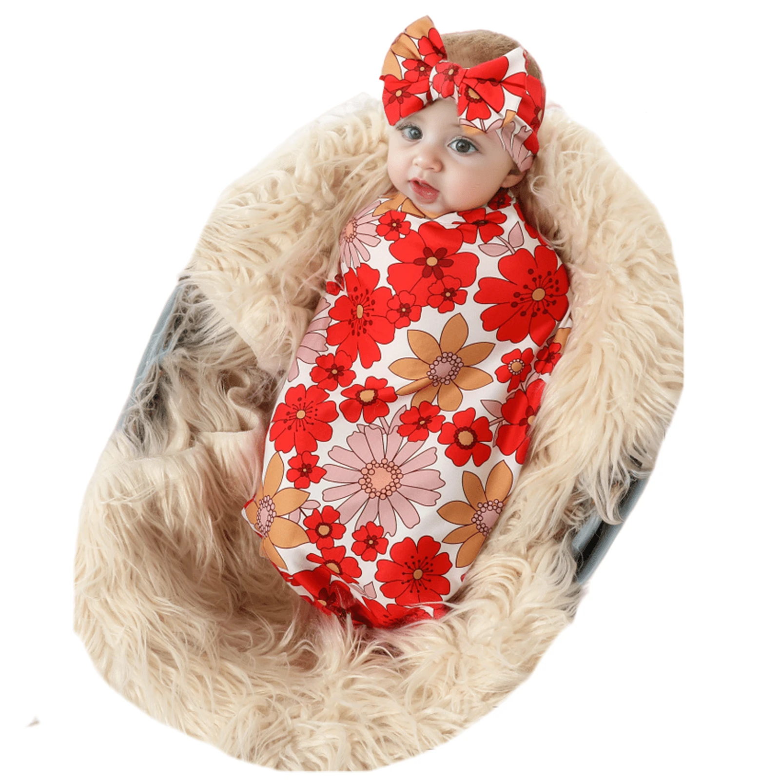 Receiving Blanket Headband Set Flower Print Baby Swaddle Blankets - Đỏ - Xem 1