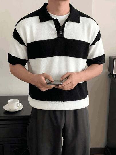 新款春夏男士针织短袖撞色 Polo 领休闲宽松商务通勤针织上衣