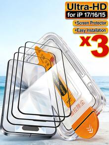 3PCS Dust-Free Auto-Located Tempered Glass Screen Protector 9D Full Coverage HD Anti-Explosion Easy Install Phone Screen Glass Film Compatible With IPhone 18 17 16 Pull Tab Dust Removal, 3-Step Quick Installation - Clear - View 12