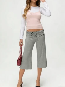 Women's Fold Over Waist Capri Fashionable Casual Solid Color Low Rise Wide Leg Crop Pants - 深灰色 - 查看 3