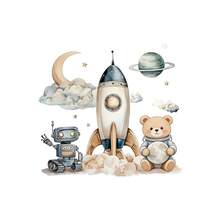 卡通宇航员熊墙贴，动物主题贴纸，适用于儿童房和卧室、幼儿园墙面装饰、客厅背景，非常适合墙面装饰和派对背景。 - 彩色 - 查看 6