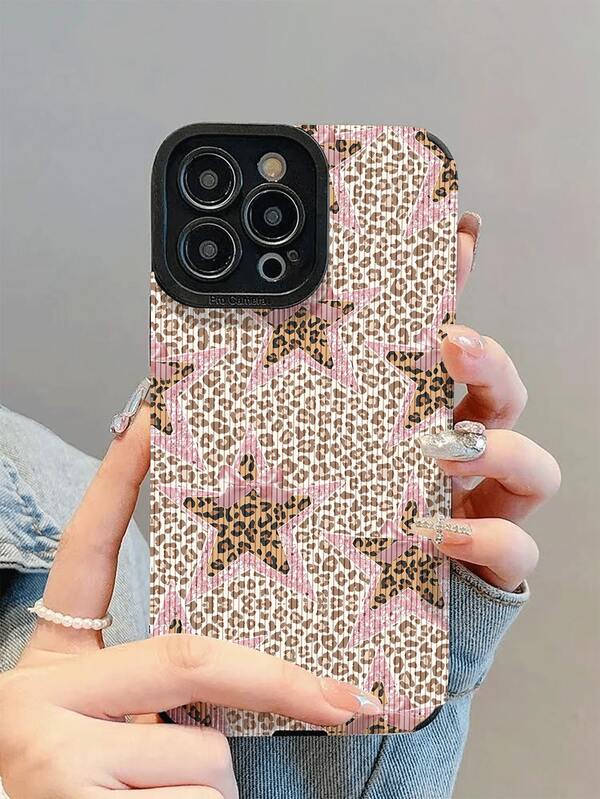 1pc New Fashionable And Elegant Pink Edged Star Bow Leopard Print Shock-Absorbing Protective Phone Case, Stylish , Suitable As A Gift For Friends And Family, Compatible With Iphone17/17Air/17Pro/17ProMax/IPhone16/16Plus/16Pro/16ProMax/IPhone15/15Plus/15Pro/15ProMax/IPhone14/14Plus/14Pro/14ProMax/IPhone13/13Pro/13ProMax/IPhone12/12Pro/12ProMax/IPhone11/IPhone11Pro/11ProMax