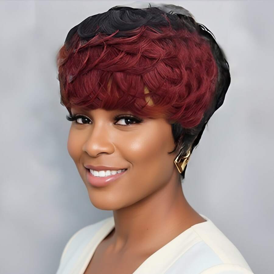 Summer Style Short Pixie Cut Wig Burgundy Red Afro Short Curly Black Wigs Side Part Curly Bangs Synthetic No Glue Brown Wigs Natural Looking Cosplay Hair Wig Short Burgundy Curly Wigs Wine Red Pixie Cut Wigs With Side Bangs Easy To Wear - 435-2 - 查看 1