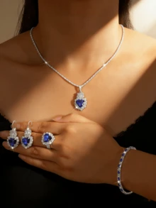 Bộ trang sức 5 món dành cho nữ: Dây chuyền đá sapphire hình trái tim, bông tai, nhẫn, vòng tay, trang sức cưới và dạ hội cao cấp. - Bộ trái tim - Xem 6