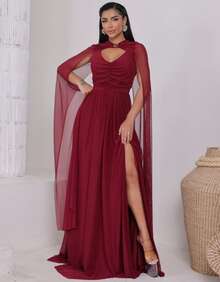 Women's Long Party Dress With Slit, Cape Sleeves, Gathered Bust And Brooch, Solid Color, Elegant, For New Year's Eve, Wedding, Bridesmaid, Graduation. - 紅木色 - 查看 1