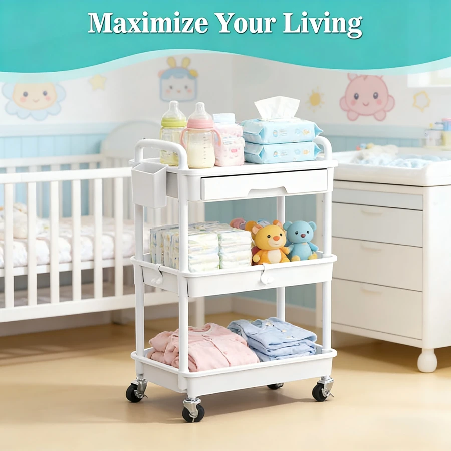3 Tier Rolling Cart With Drawer, Bathroom Storage Organizer With 2 Lockable Wheels, Multifunctional Rolling Storage Cart For Bathroom, Kitchen, Office, Craft, Makeup, Baby Essentials, White - 白色 - 查看 1