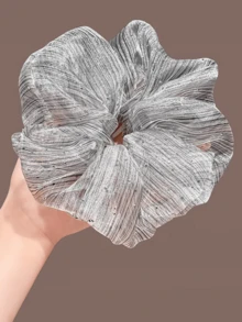 1pc Starry Sky Mesh Rhinestone Scrunchie, Fashionable Oversized Hair Accessory, Atmosphere-Enhancing For Spring/Summer Travel Accessories - Light Grey - View 4