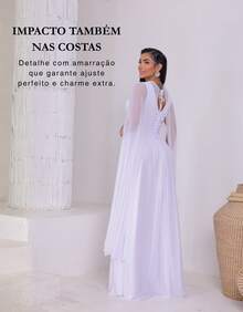 Women's Long Party Dress With Slit, Cape Sleeves, Gathered Bust And Brooch, Solid Color, Elegant, For New Year's Eve, Wedding, Bridesmaid, Graduation. - 白色 - 查看 6
