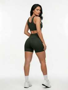 Kit Of 2: Top And Shorts Set, High-Waisted Shaping Gym Fashion For Women - 黑色/軍綠色 - 查看 2