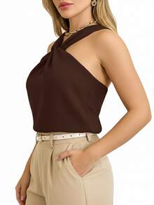 Duna Women's Halter Top, Elegant Wrap Collar, Stylish Summer Tank Top - 鏽棕色 - 查看 3